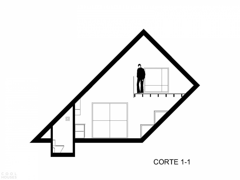Двухуровневый домик с контрастирующим внешним и внутренним пространством
