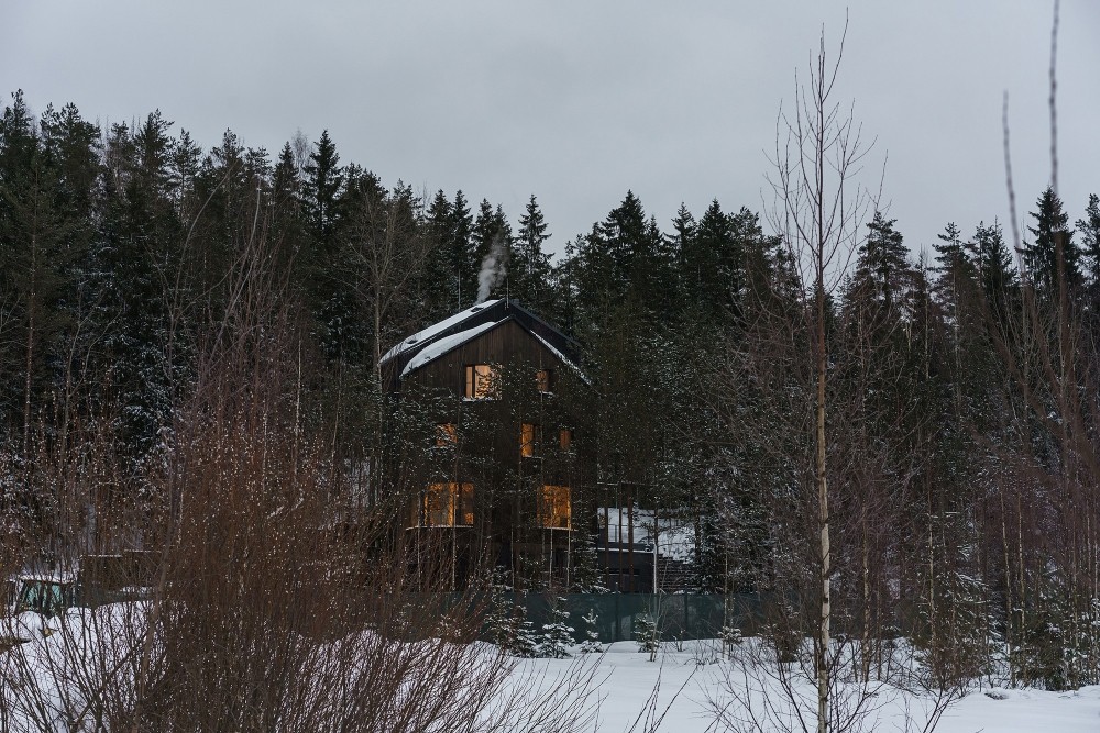 Каркасный дом с темными деревянными фасадами в лесном ландшафте