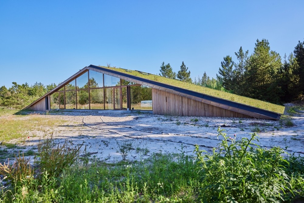 Треугольный загородный дом с живой зеленой крышей