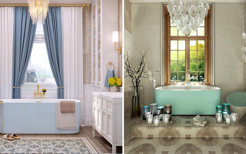 Современный интерьер ванной комнаты с окном: дизайн, планировка, фото